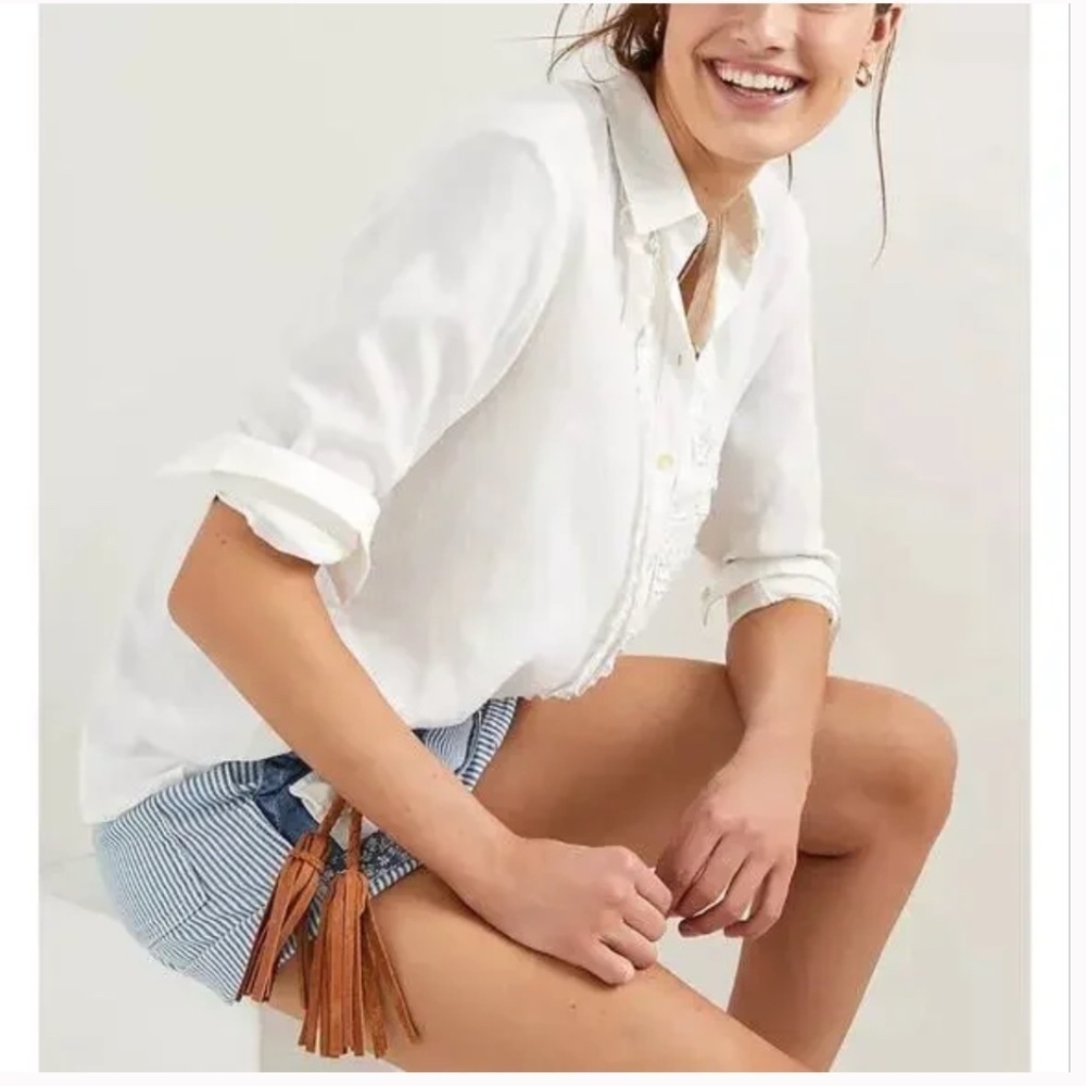 Pilcro Anthropologie Ruffled Buttondown Blouse White Long Sleeve Linen Size Xs